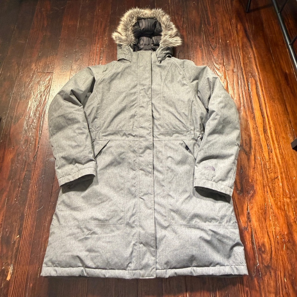 North Face Arctic Parka Jacket Womens XL Gray HyVent 550 Down Faux Fur Hood Coat